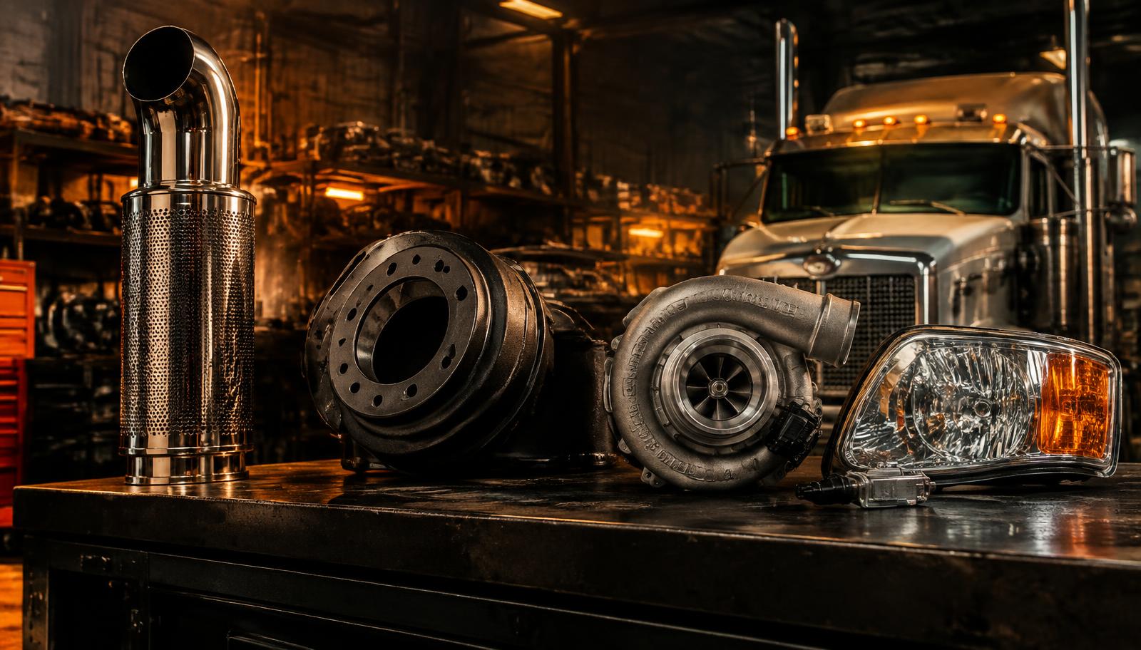 Heavy-duty truck parts laid out on a workshop bench
